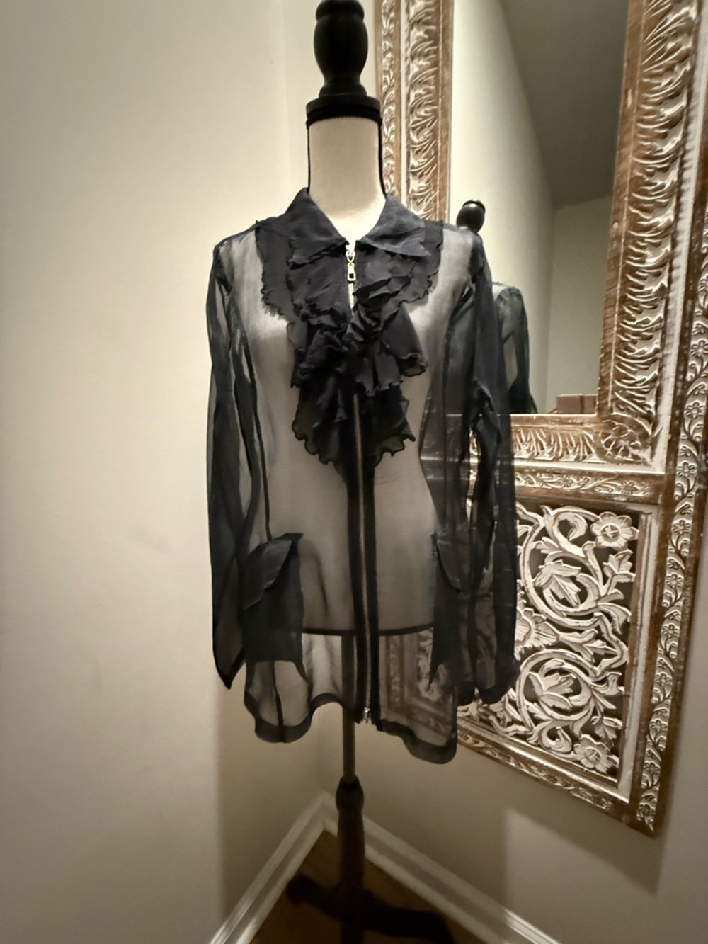 Sheer European Black Ruffle Front Blouse